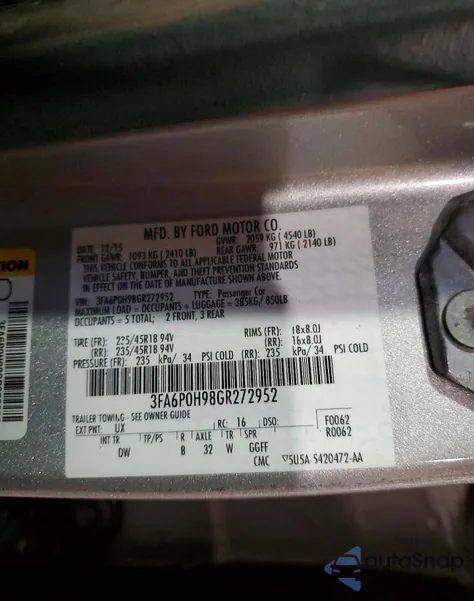 2016 Ford Fusion Se from USA, damaged, VIN 3FA6P0H98GR272952